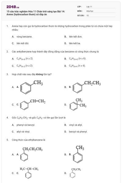 15 câu trắc nghiệm Hóa 11 Chân trời sáng tạo Bài 14: Arene (hydrocarbon thơm) có đáp án