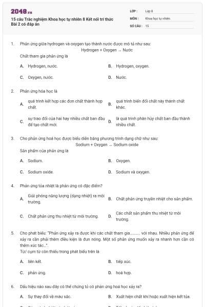15 câu Trắc nghiệm Khoa học tự nhiên 8 Kết nối tri thức Bài 2 có đáp án