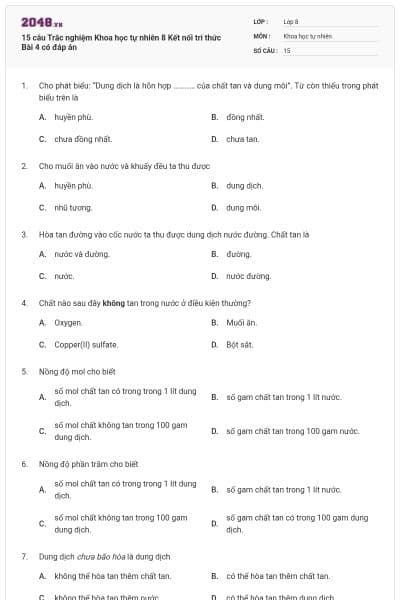 15 câu Trắc nghiệm Khoa học tự nhiên 8 Kết nối tri thức Bài 4 có đáp án