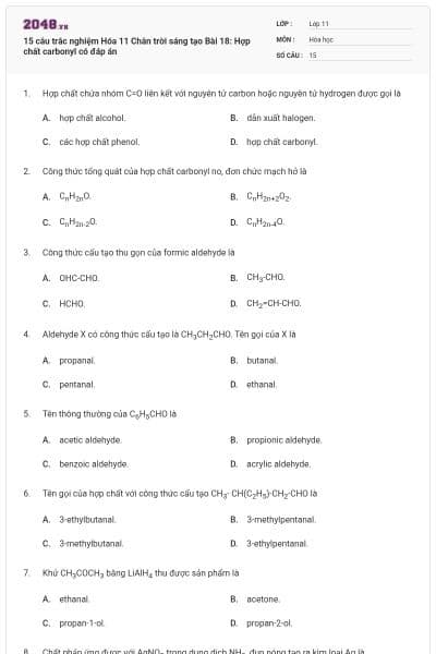 15 câu trắc nghiệm Hóa 11 Chân trời sáng tạo Bài 18: Hợp chất carbonyl có đáp án