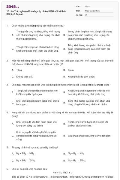 15 câu Trắc nghiệm Khoa học tự nhiên 8 Kết nối tri thức Bài 5 có đáp án