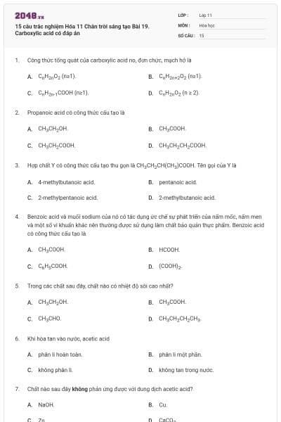 15 câu trắc nghiệm Hóa 11 Chân trời sáng tạo Bài 19. Carboxylic acid có đáp án