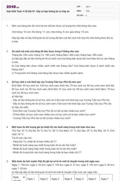 Giải SGK Toán 4 CD Bài 87. Dãy số liệu thống kê có đáp án