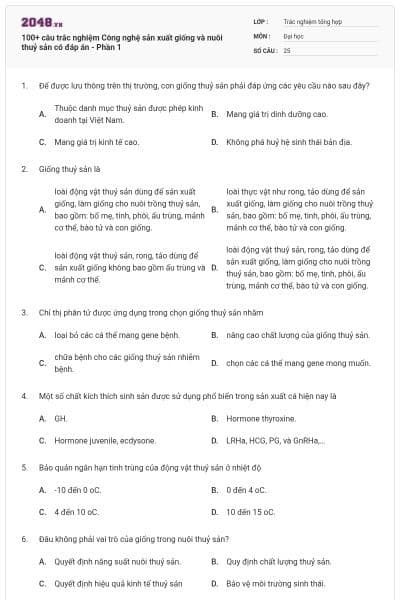 100+ câu trắc nghiệm Công nghệ sản xuất giống và nuôi thuỷ sản có đáp án - Phần 1