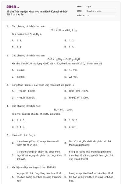 15 câu Trắc nghiệm Khoa học tự nhiên 8 Kết nối tri thức Bài 6 có đáp án