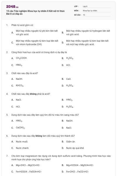 15 câu Trắc nghiệm Khoa học tự nhiên 8 Kết nối tri thức Bài 8 có đáp án