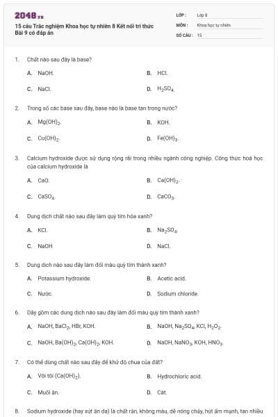 15 câu Trắc nghiệm Khoa học tự nhiên 8 Kết nối tri thức Bài 9 có đáp án
