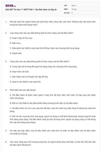Giải SBT Tin Học 11 KNTT Bài 1. Hệ điều hành có đáp án