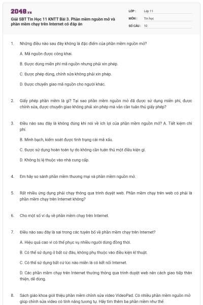 Giải SBT Tin Học 11 KNTT Bài 3. Phần mềm nguồn mở và phần mềm chạy trên Internet có đáp án