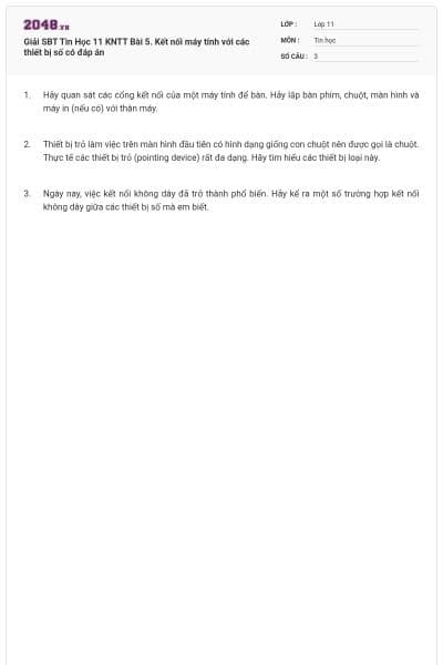 Giải SBT Tin Học 11 KNTT Bài 5. Kết nối máy tính với các thiết bị số có đáp án
