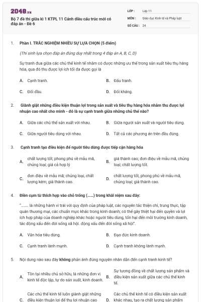 Bộ 7 đề thi giữa kì 1 KTPL 11 Cánh diều cấu trúc mới có đáp án - Đề 6