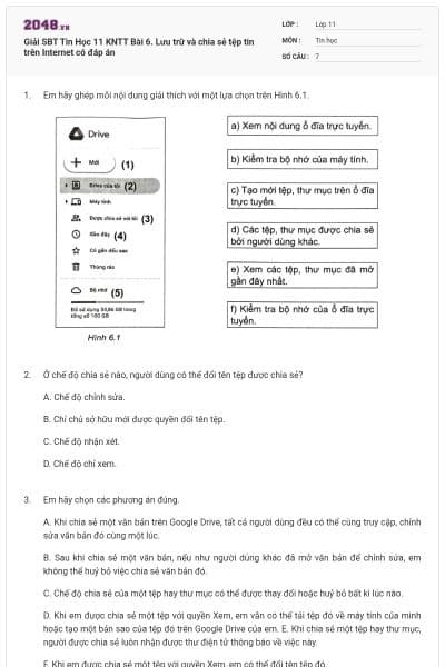 Giải SBT Tin Học 11 KNTT Bài 6. Lưu trữ và chia sẻ tệp tin trên Internet có đáp án