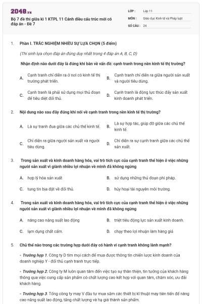 Bộ 7 đề thi giữa kì 1 KTPL 11 Cánh diều cấu trúc mới có đáp án - Đề 7