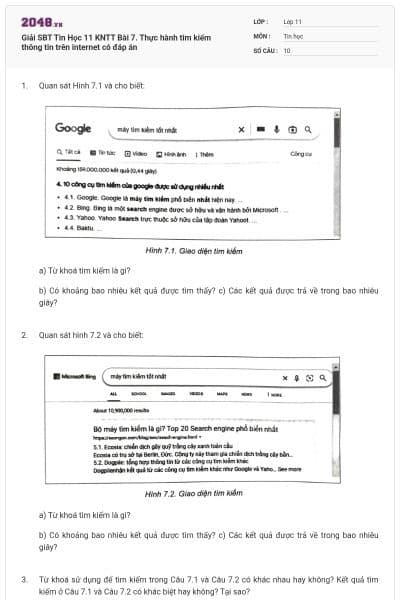 Giải SBT Tin Học 11 KNTT Bài 7. Thực hành tìm kiếm thông tin trên internet có đáp án