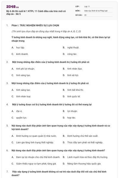 Bộ 6 đề thi cuối kì 1 KTPL 11 Cánh diều cấu trúc mới có đáp án - Đề 5