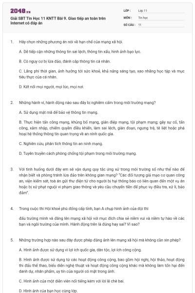 Giải SBT Tin Học 11 KNTT Bài 9. Giao tiếp an toàn trên Internet có đáp án