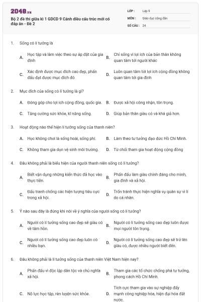 Bộ 2 đề thi giữa kì 1 GDCD 9 Cánh diều cấu trúc mới có đáp án - Đề 2