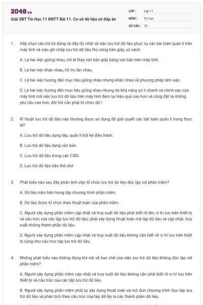 Giải SBT Tin Học 11 KNTT Bài 11. Cơ sở dữ liệu có đáp án