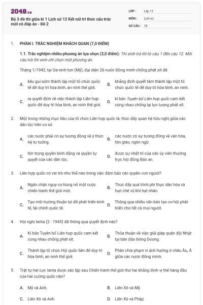 Bộ 3 đề thi giữa kì 1 Lịch sử 12 Kết nối tri thức cấu trúc mới có đáp án - Đề 2