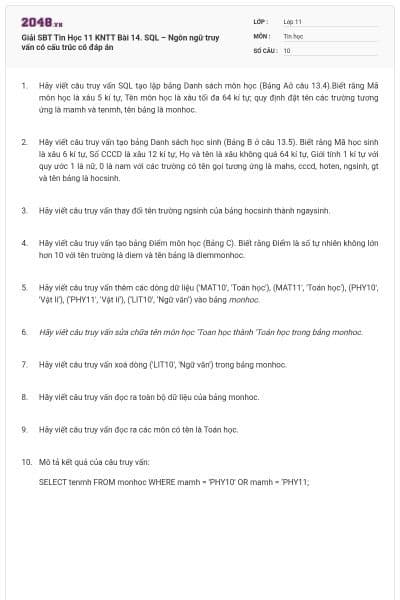 Giải SBT Tin Học 11 KNTT Bài 14. SQL – Ngôn ngữ truy vấn có cấu trúc có đáp án
