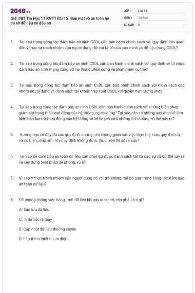 Giải SBT Tin Học 11 KNTT Bài 15. Bảo mật và an toàn hệ cơ sở dữ liệu có đáp án