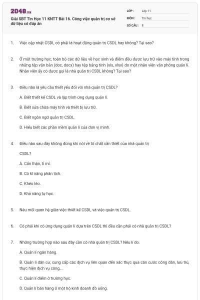 Giải SBT Tin Học 11 KNTT Bài 16. Công việc quản trị cơ sở dữ liệu có đáp án