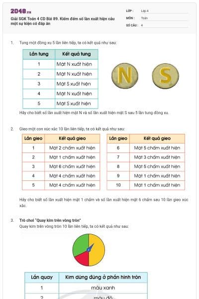 Giải SGK Toán 4 CD Bài 89. Kiểm đếm số lần xuất hiện cảu một sự kiện có đáp án