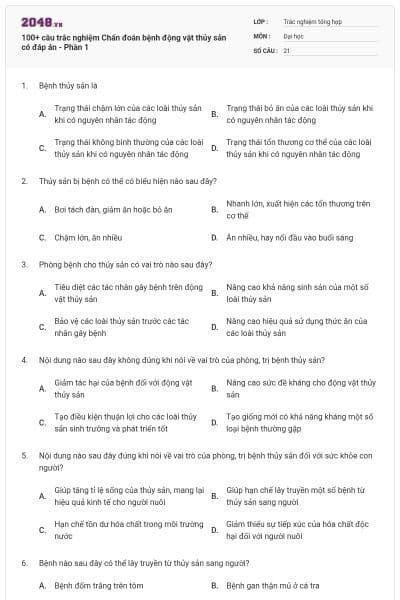 100+ câu trắc nghiệm Chẩn đoán bệnh động vật thủy sản có đáp án - Phần 1