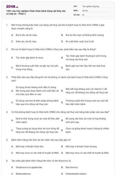 100+ câu trắc nghiệm Chẩn đoán bệnh động vật thủy sản có đáp án - Phần 2