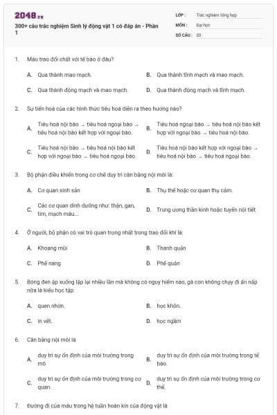 300+ câu trắc nghiệm Sinh lý động vật 1 có đáp án - Phần 1