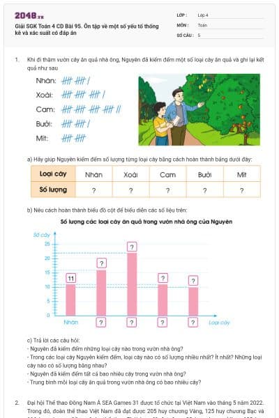 Giải SGK Toán 4 CD Bài 95. Ôn tập về một số yếu tố thống kê và xác suất có đáp án