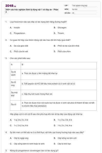 300+ câu trắc nghiệm Sinh lý động vật 1 có đáp án - Phần 3