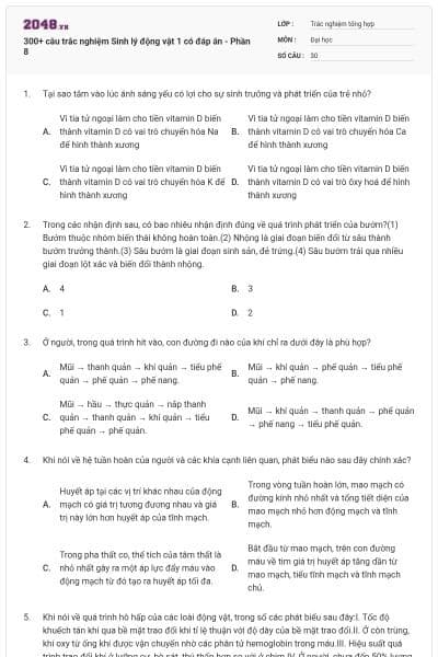300+ câu trắc nghiệm Sinh lý động vật 1 có đáp án - Phần 8