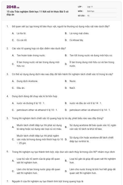15 câu Trắc nghiệm Sinh học 11 Kết nối tri thức Bài 5 có đáp án