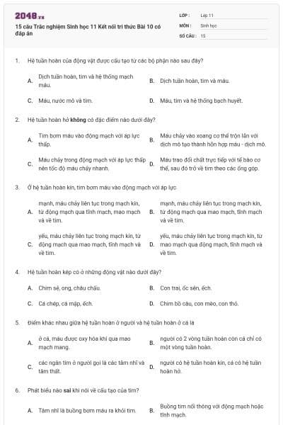 15 câu Trắc nghiệm Sinh học 11 Kết nối tri thức Bài 10 có đáp án