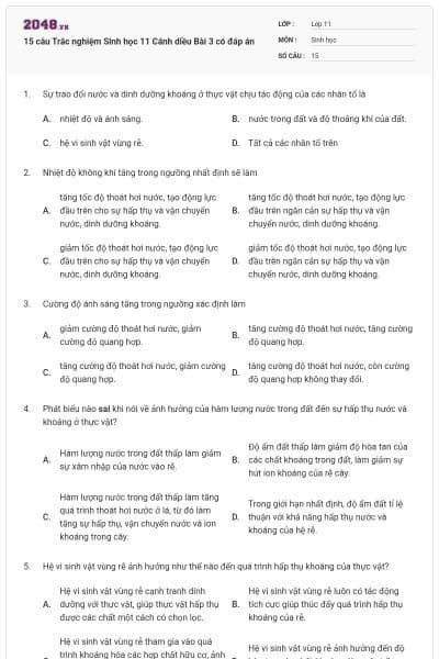 15 câu Trắc nghiệm Sinh học 11 Cánh diều Bài 3 có đáp án