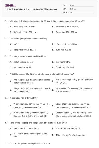 15 câu Trắc nghiệm Sinh học 11 Cánh diều Bài 4 có đáp án