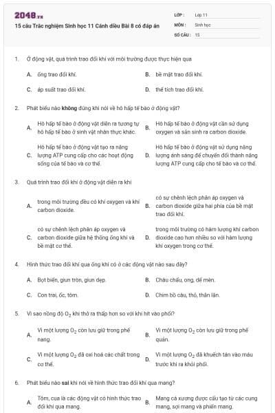 15 câu Trắc nghiệm Sinh học 11 Cánh diều Bài 8 có đáp án