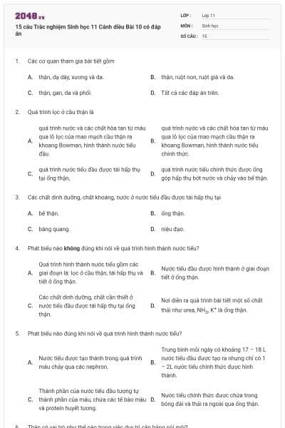 15 câu Trắc nghiệm Sinh học 11 Cánh diều Bài 10 có đáp án