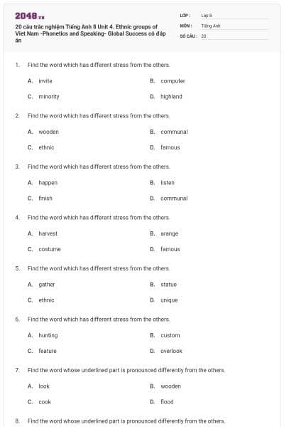 20 câu trắc nghiệm Tiếng Anh 8 Unit 4. Ethnic groups of Viet Nam -Phonetics and Speaking- Global Success có đáp án