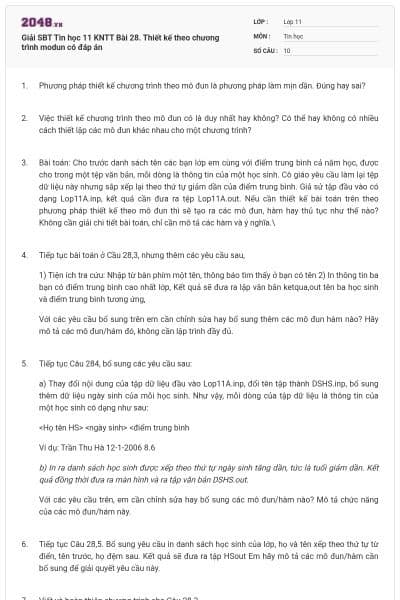 Giải SBT Tin học 11 KNTT Bài 28. Thiết kế theo chương trình modun có đáp án
