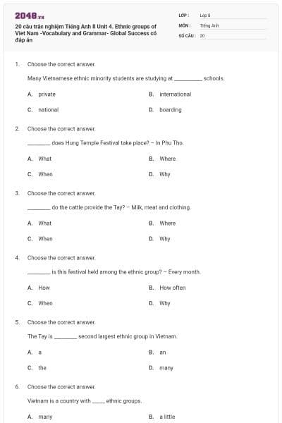 20 câu trắc nghiệm Tiếng Anh 8 Unit 4. Ethnic groups of Viet Nam -Vocabulary and Grammar- Global Success có đáp án