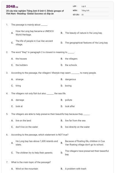 20 câu trắc nghiệm Tiếng Anh 8 Unit 4. Ethnic groups of Viet Nam -Reading- Global Success có đáp án