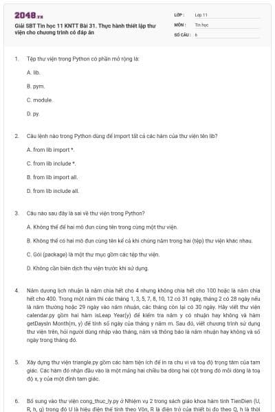 Giải SBT Tin học 11 KNTT Bài 31. Thực hành thiết lập thư viện cho chương trình có đáp án