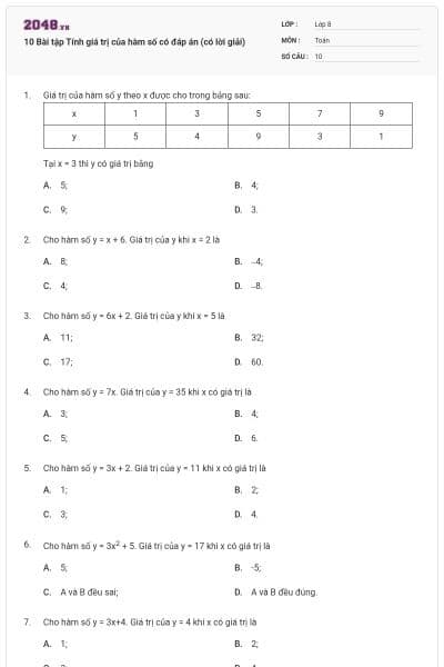 10 Bài tập Tính giá trị của hàm số có đáp án (có lời giải)