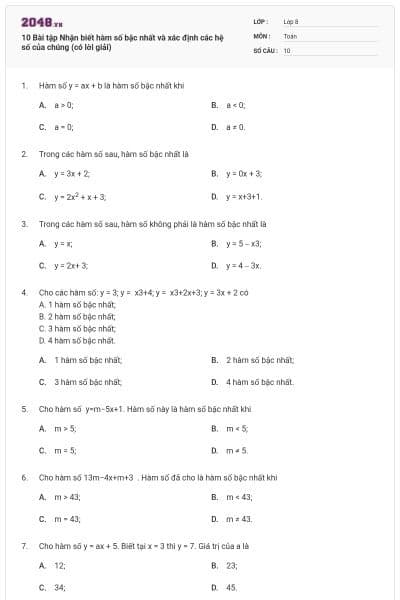 10 Bài tập Nhận biết hàm số bậc nhất và xác định các hệ số của chúng (có lời giải)