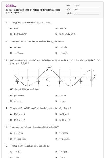 12 câu Trắc nghiệm Toán 11 Kết nối tri thức Hàm số lượng giác có đáp án