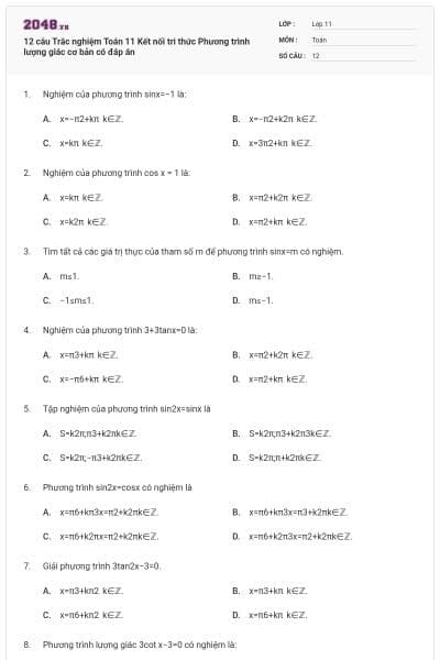12 câu Trắc nghiệm Toán 11 Kết nối tri thức Phương trình lượng giác cơ bản có đáp án