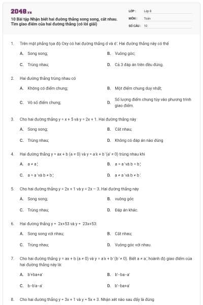 10 Bài tập Nhận biết hai đường thẳng song song, cắt nhau. Tìm giao điểm của hai đường thẳng (có lời giải)
