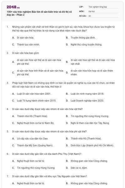 100+ câu trắc nghiệm Bảo tồn di sản kiến trúc và đô thị có đáp án - Phần 2